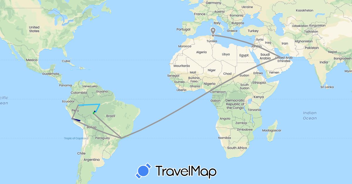 TravelMap itinerary: driving, bus, plane, boat in Brazil, Peru, Qatar, Tunisia (Africa, Asia, South America)